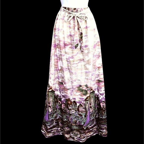 Lanz Originals 1980s Scenic Maxi Skirt Seine River 26"W Pastel Novelty Print - Picture 1 of 12